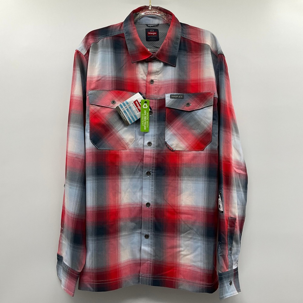Wrangler Outdoor Men Large Plaid Shirt Red Gray Flannel Style Gorpcore Hiking L